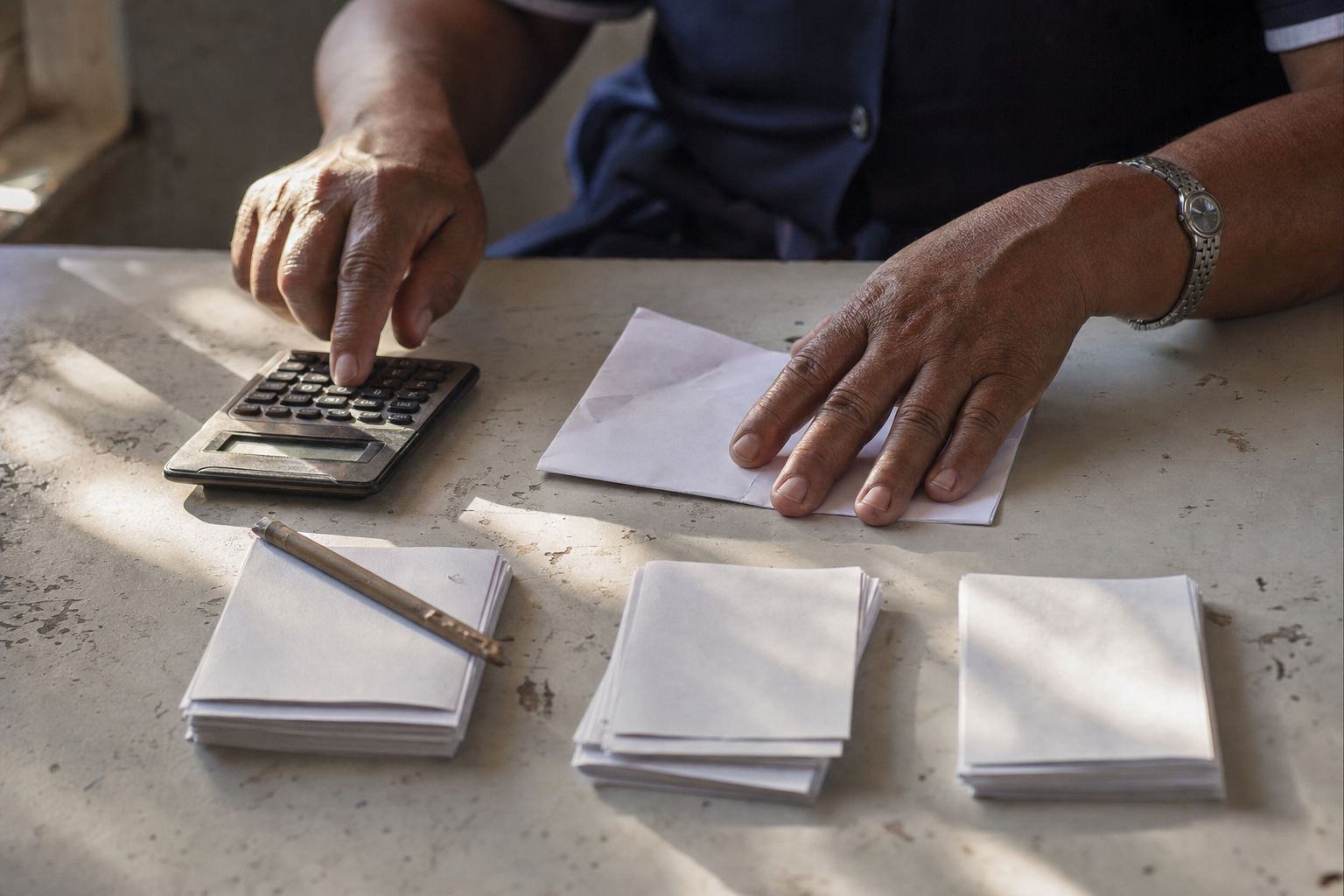 Close-up das mãos de uma mulher usando uma calculadora simples sobre uma mesa, ao lado de um papel dobrado em branco e três pequenas pilhas de fichas de papel, com luz da manhã entrando pela janela.
