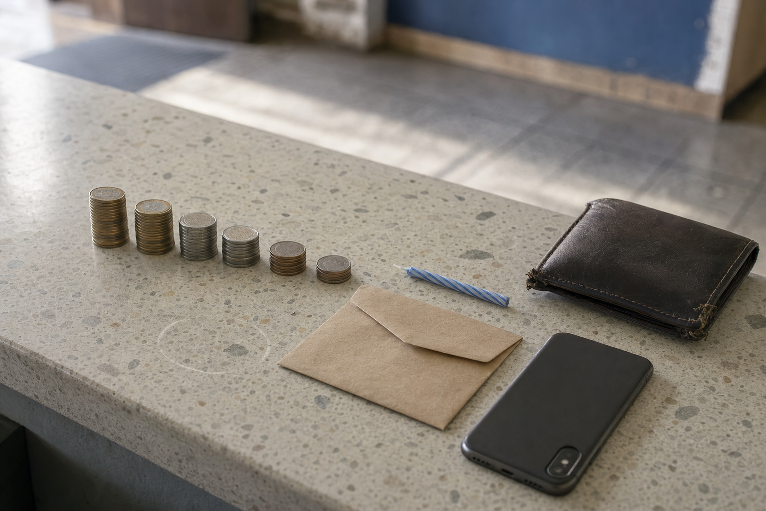 Sete pequenas pilhas de moedas em ordem decrescente sobre um balcão de granilite, ao lado de uma vela de aniversário apagada, um envelope dobrado, uma carteira de couro gasta e um celular virado para baixo.